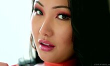 Extremely sweet Asian doll swallows a long sausage